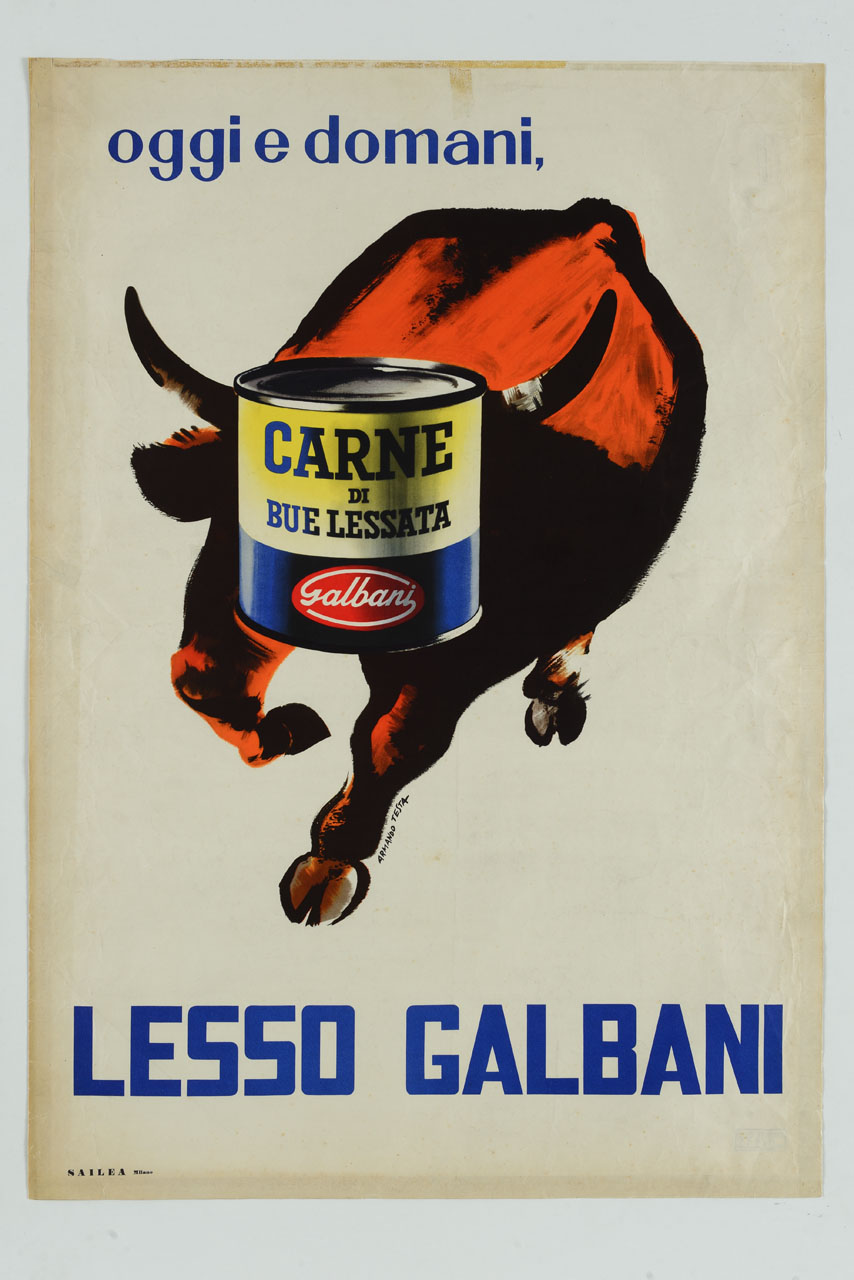 bue con barattolo di carne in scatola al posto della testa (manifesto) di Testa Armando (metà sec. XX)