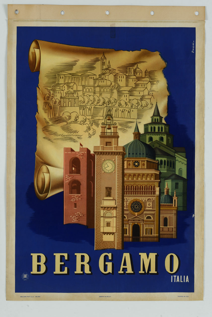 pergamena e monumenti storici di Bergamo (manifesto) di Scarioni - ambito italiano (metà sec. XX)