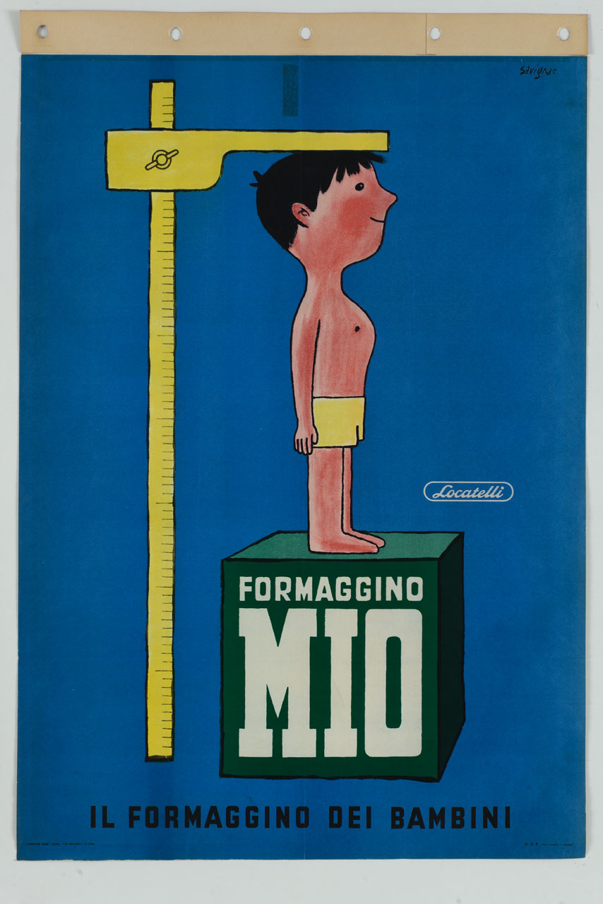 bambino su pedana si misura l'altezza (manifesto) di Savignac Raymond (sec. XX)