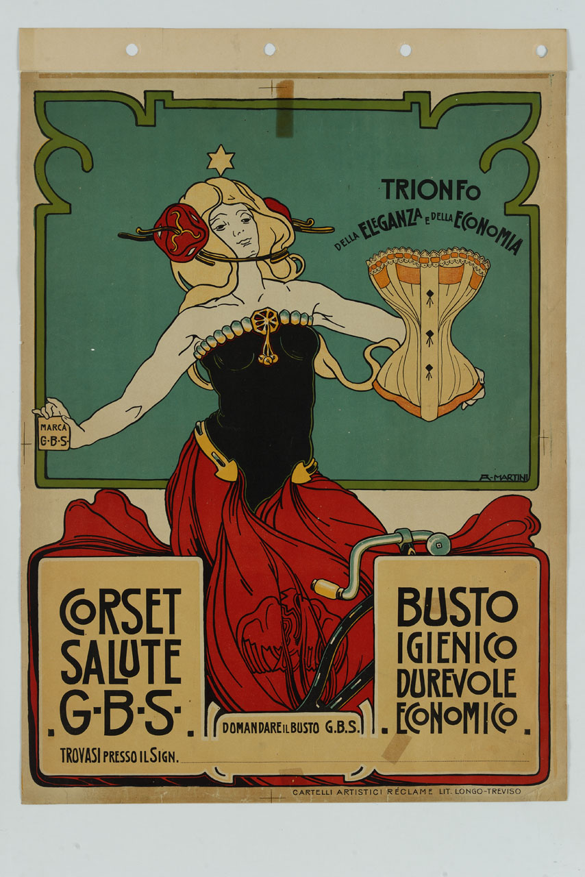 figura femminile in bicicletta regge un corsetto (manifesto) di Martini Alberto Giacomo Spiridione (sec. XX)