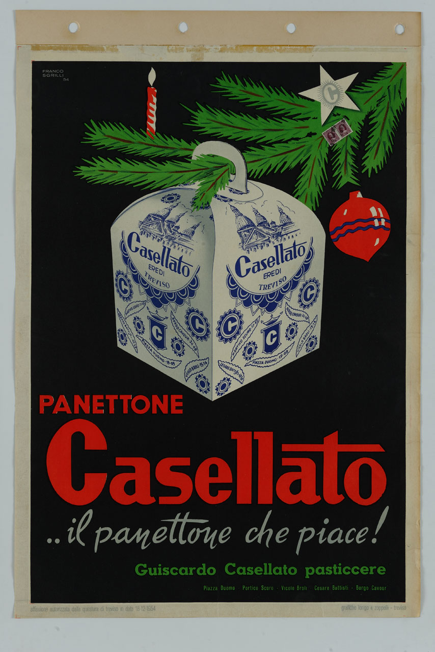 panettone appeso ad albero natalizio (manifesto) di Sgrilli Franco (sec. XX)