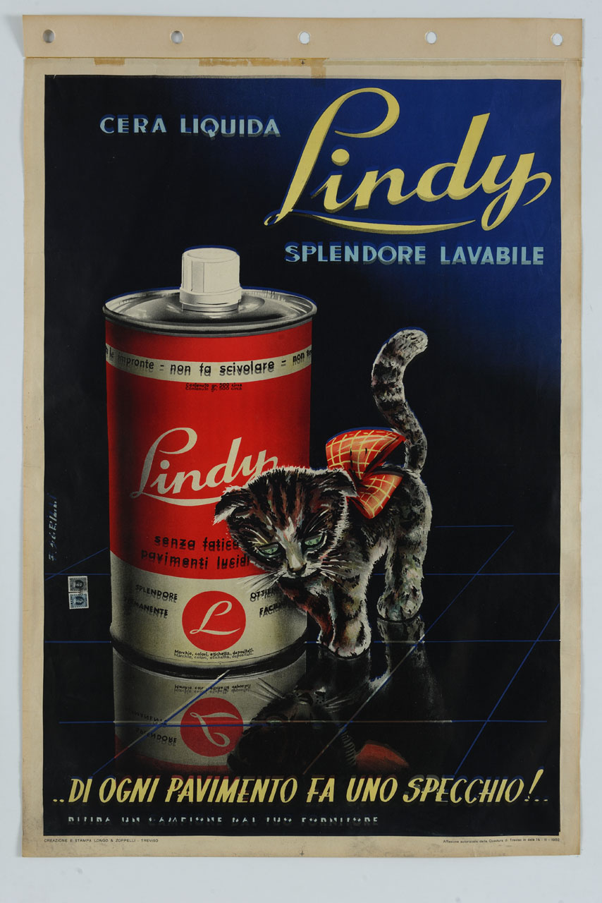 gattino accanto a barattolo di cera per pavimenti (manifesto) di Sgrilli Franco (sec. XX)