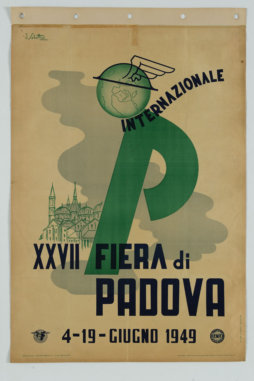 iniziale P con globo terrestre e Basilica di Sant'Antonio di Padova (manifesto) di Sabattini Johnson (sec. XX)