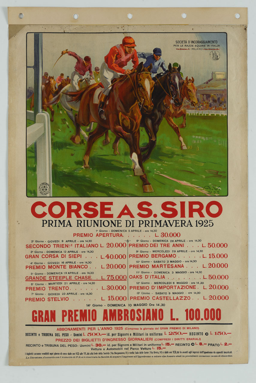 cavalli e fantini impegnati in una gara di corsa (manifesto) di Vaccari Alfredo (sec. XX)