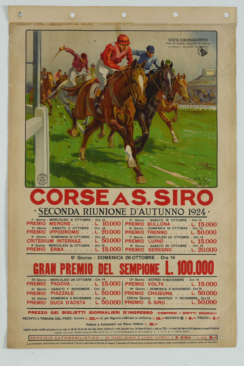 cavalli e fantini impegnati in una gara di corsa (manifesto) di Vaccari Alfredo (sec. XX)
