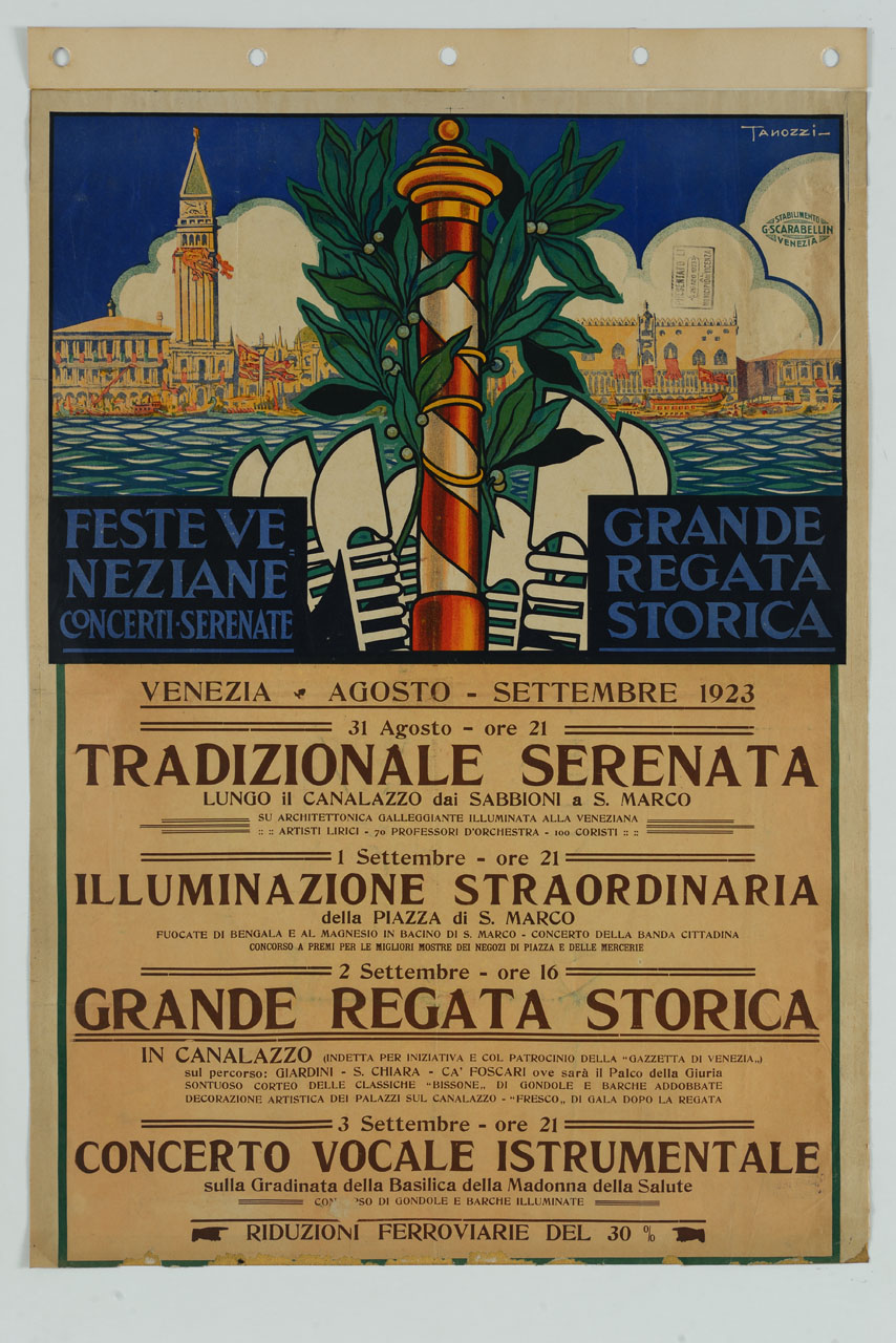 briccola con gondole e veduta di Piazza San Marco a Venezia dal canale della Giudecca (manifesto) di Tanozzi Gorgon (sec. XX)