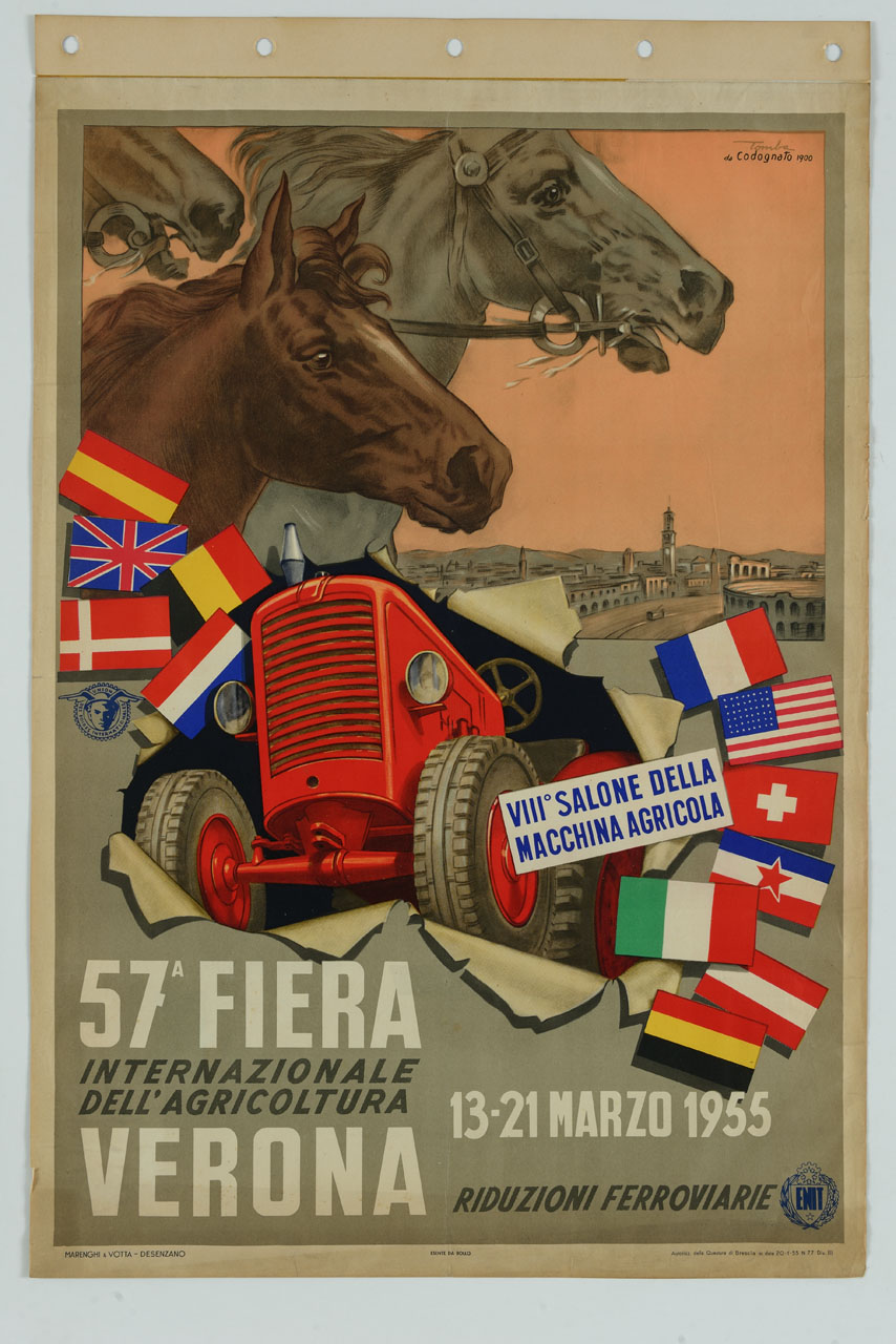 trattore che sbuca da uno squarcio circondato da bandiere con teste di cavalli e veduta di Verona (manifesto) di Tomba Ernesto Amos (sec. XX)