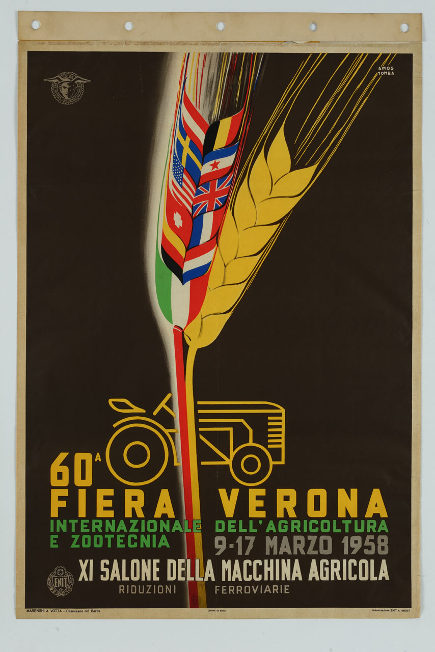 spighe di grano con bandiere e trattore (manifesto) di Tomba Ernesto Amos (sec. XX)