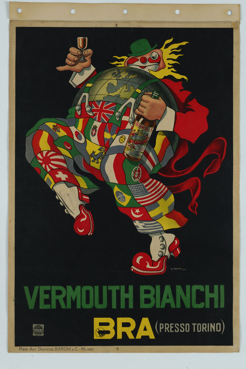 pagliaccio con bottiglia di vermut (manifesto) di Petiti Guido (primo quarto sec. XX)