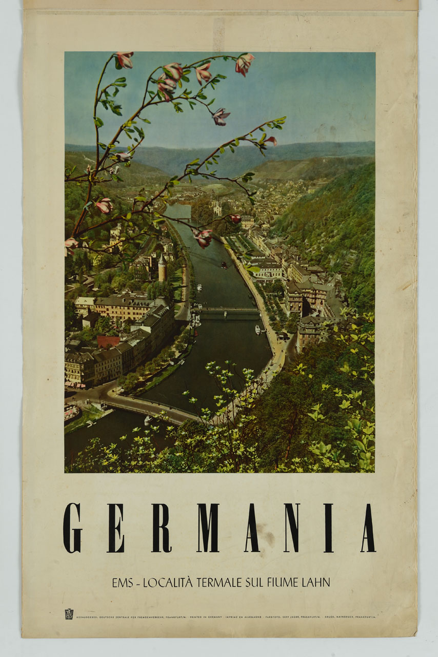 veduta di Ems con fiume Lahn (manifesto) di Gamsjager Sepp (secondo quarto sec. XX)