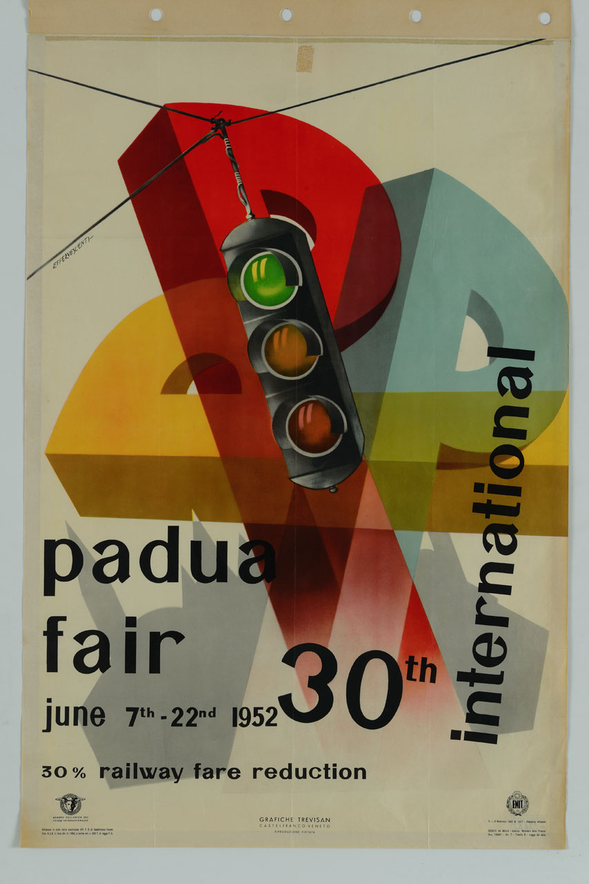 semaforo appeso a un filo sullo sfondo di tre lettere P sovrapposte (manifesto) di Effervescenti Eleuterio (sec. XX)