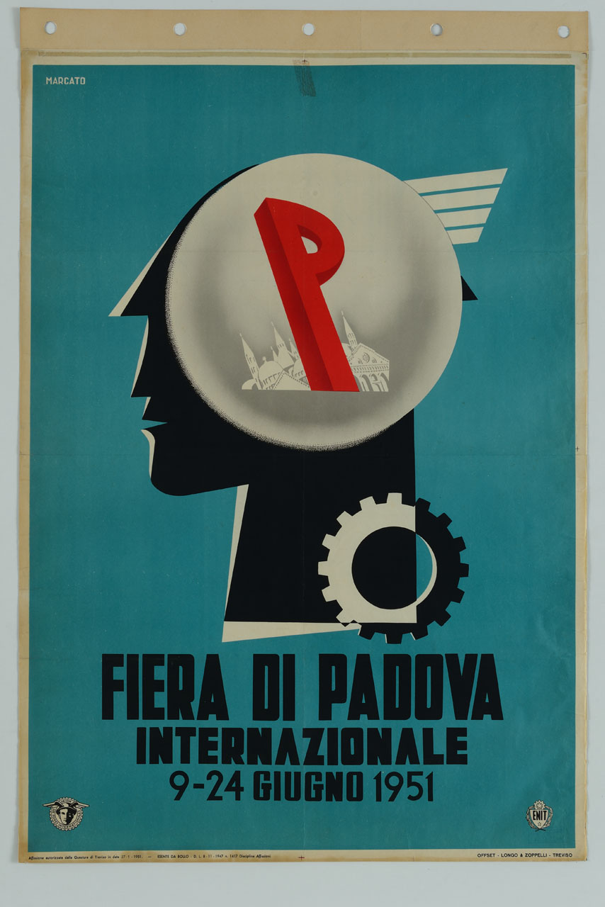 testa di Mercurio con lettera P sullo sfondo della Basilica di Sant'Antonio entro un cerchio e ruota dentata (manifesto) di Marcato - ambito italiano (sec. XX)