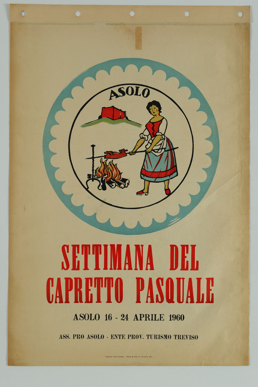 piatto decorato con donna che cuoce un capretto allo spiedo sullo sfondo della Rocca di Asolo (manifesto) - ambito italiano (sec. XX)
