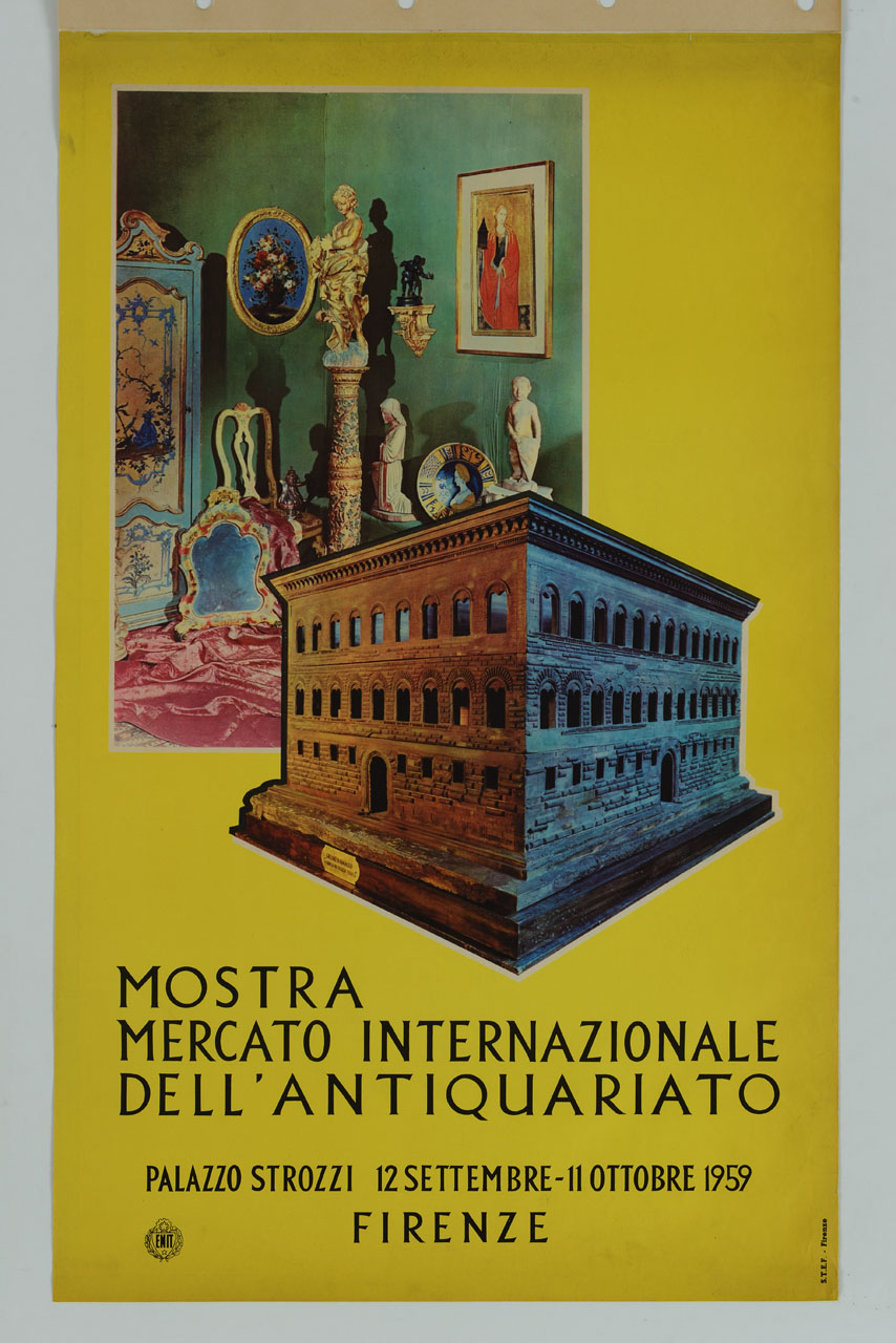 modello di Palazzo Strozzi sullo sfondo di un interno con oggetti d'antiquariato (manifesto) - ambito italiano (sec. XX)