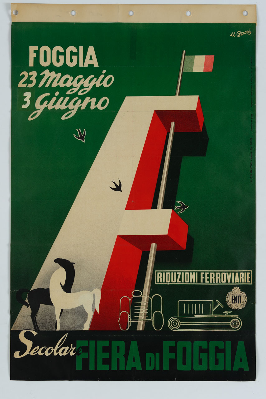 lettera F con bandiera italiana e rondini cavalli e macchine agricole (manifesto) di Bassi U (sec. XX)
