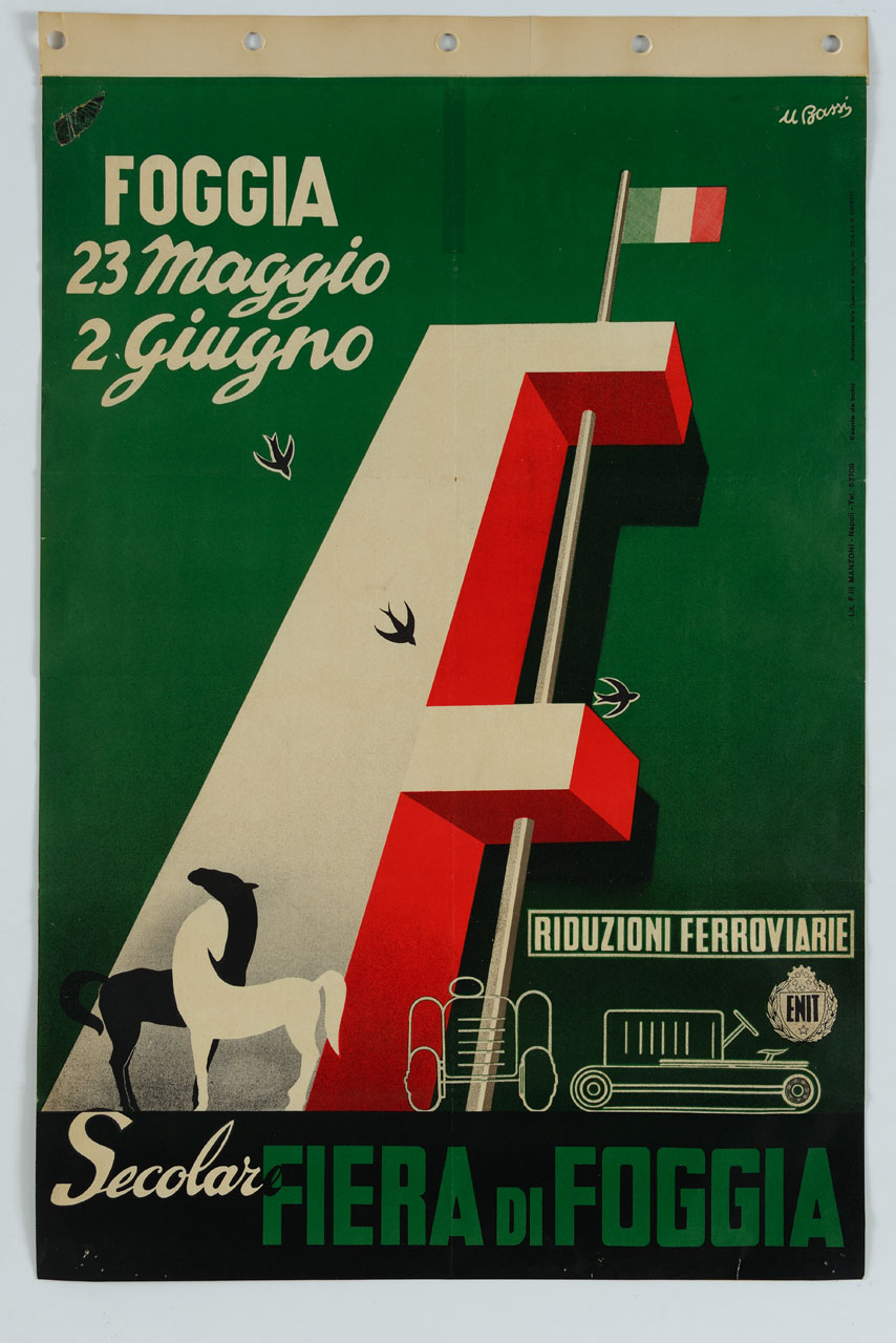 lettera F con bandiera italiana e rondini cavalli e macchine agricole (manifesto) di Bassi U (sec. XX)