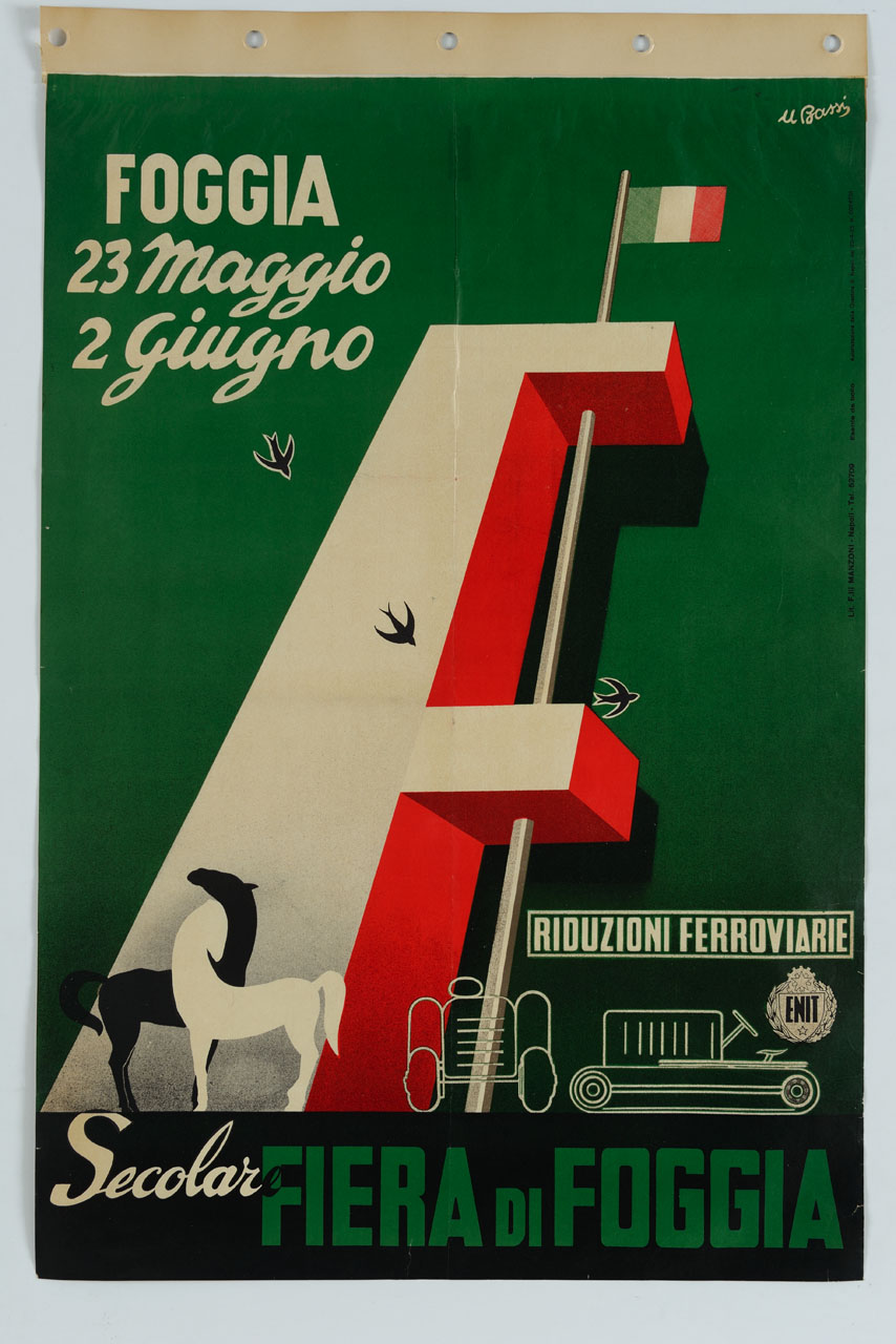 lettera F con bandiera italiana e rondini cavalli e macchine agricole (manifesto) di Bassi U (sec. XX)