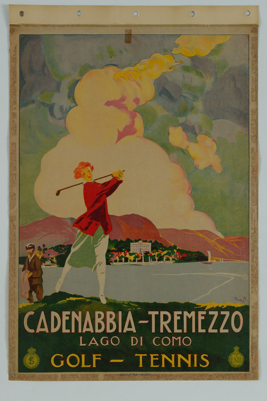 coppia di giocatori di golf sullo sfondo del Grand Hotel Cadenabbia di Tremezzo (manifesto) di Apolloni Livio (sec. XX)