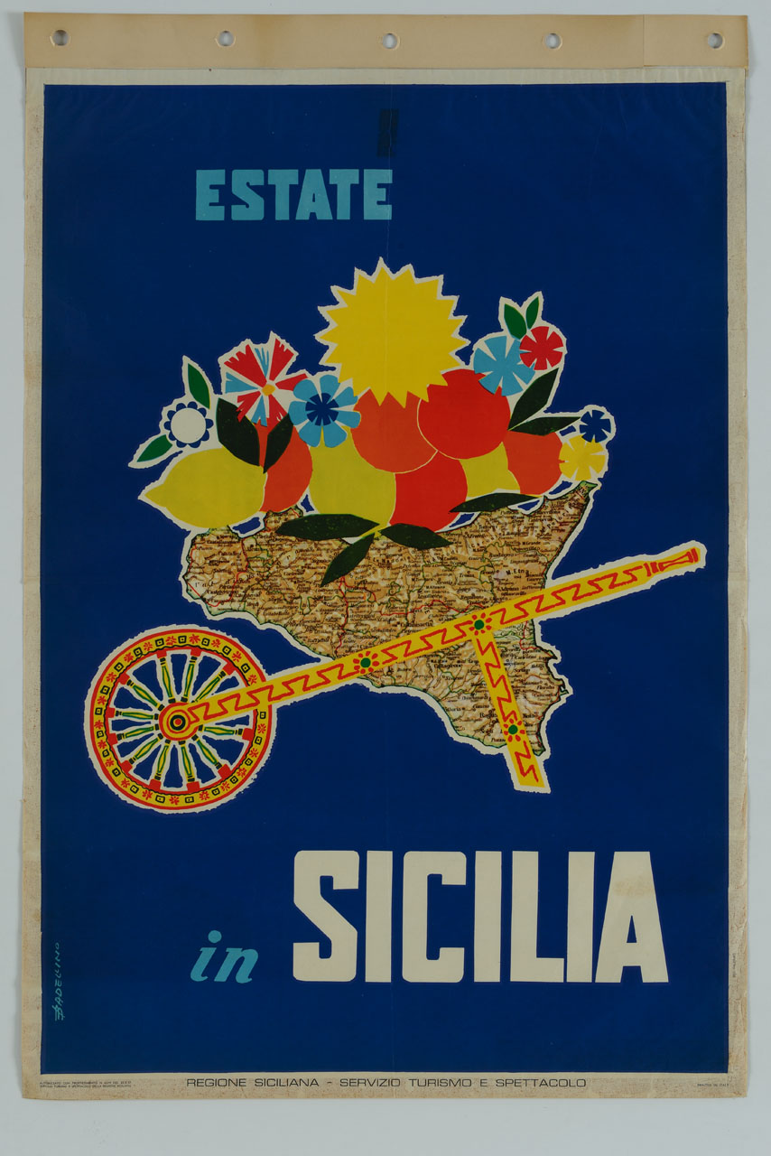 Sicilia in forma di carriola carica di agrumi e fiori (manifesto) di Badellino Francesco (sec. XX)