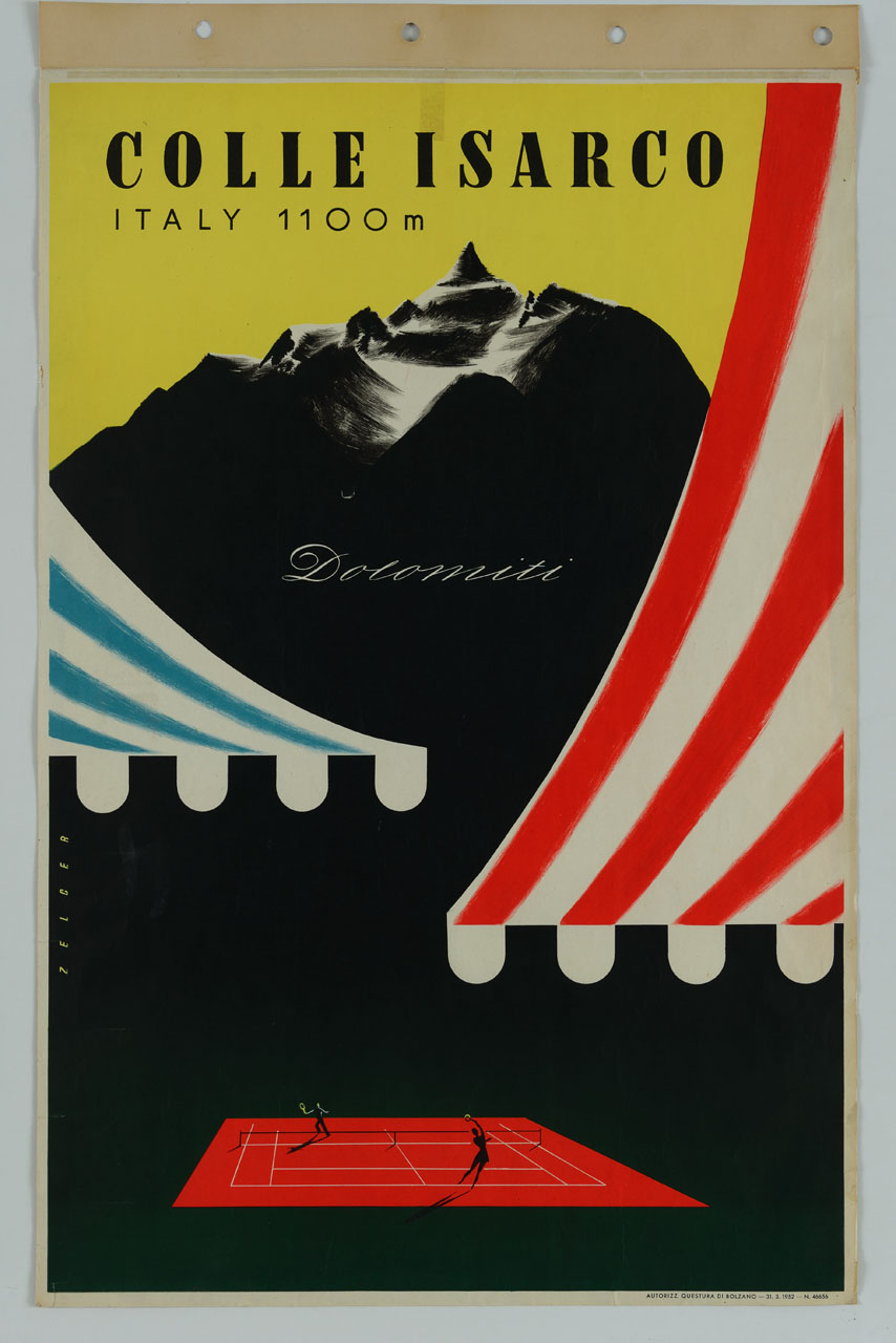 campo da tennis con tende da sole sullo sfondo delle dolomiti (manifesto) di Zelger Arthur (sec. XX)