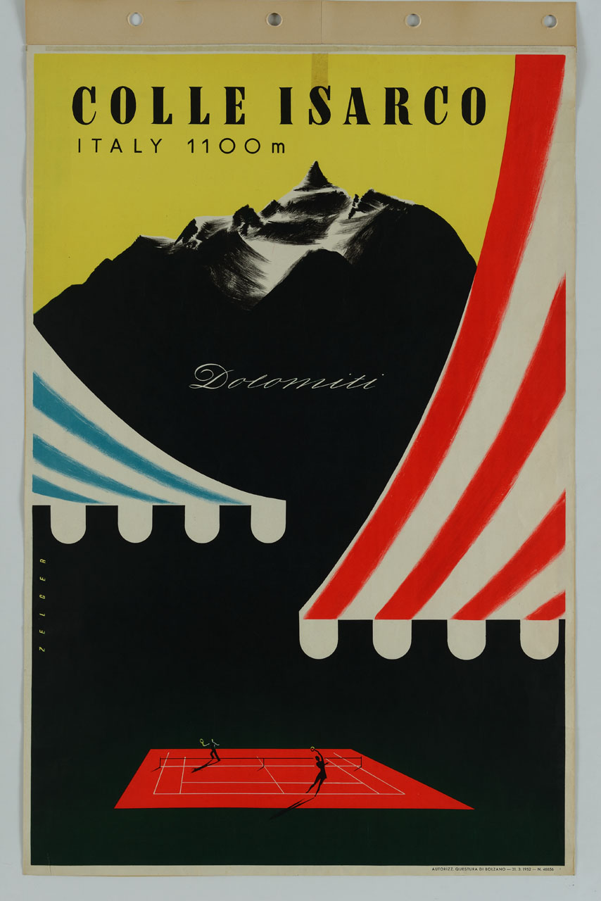 campo da tennis con tende da sole sullo sfondo delle dolomiti (manifesto) di Zelger Arthur (sec. XX)