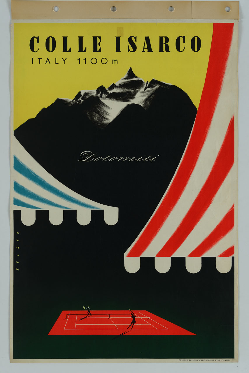 campo da tennis con tende da sole sullo sfondo delle dolomiti (manifesto) di Zelger Arthur (sec. XX)