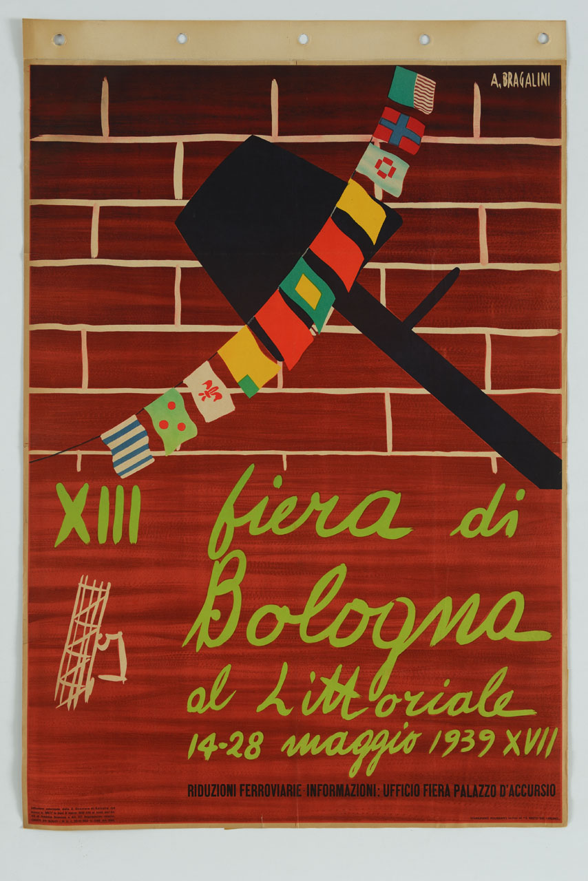 filo con bandierine sullo sfondo di un muro stilizzato con vanga e fascio littorio (manifesto) di Bragalini Angelo (sec. XX)