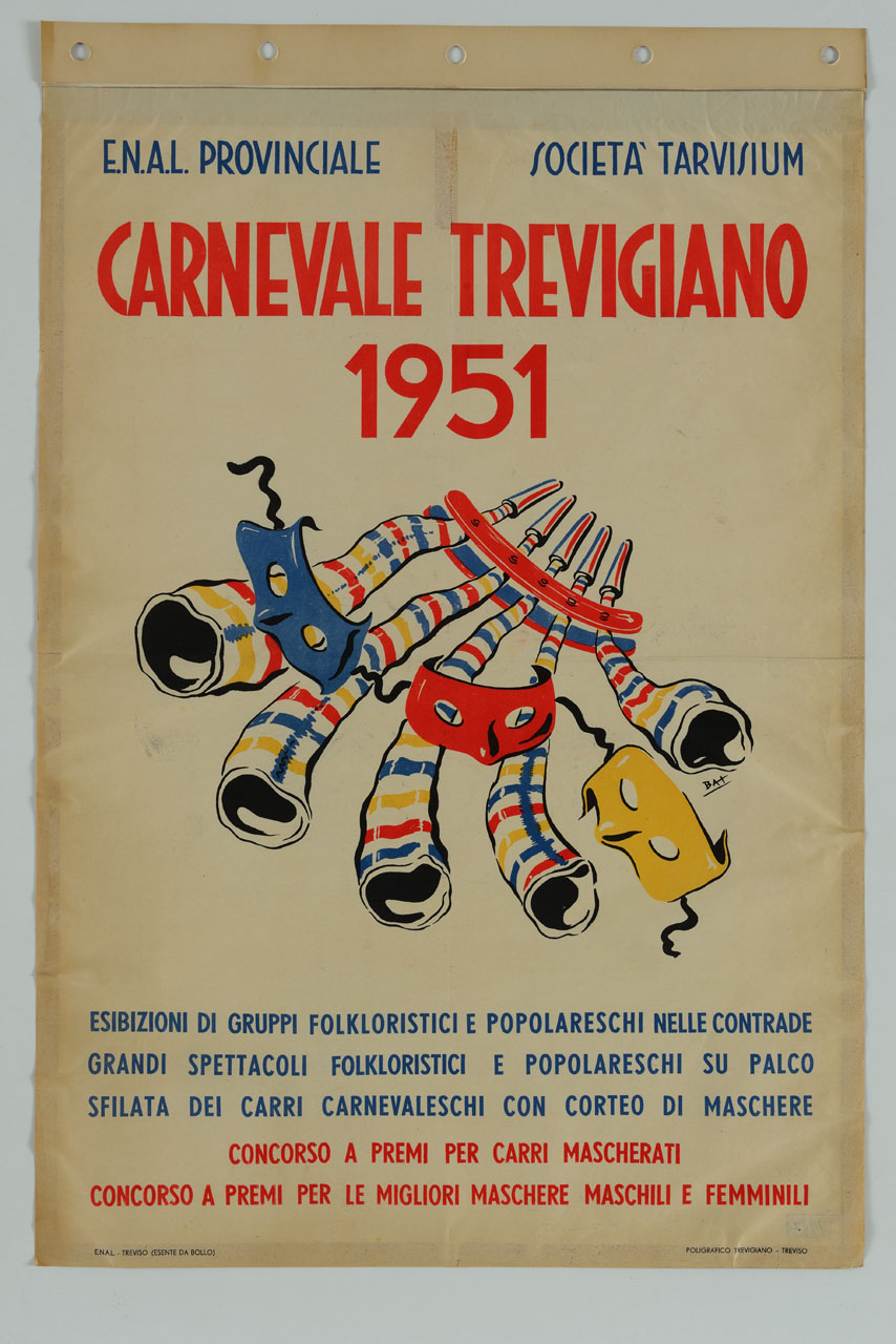 carnevale trevigiano trombette e maschere manifesto pubblicitario