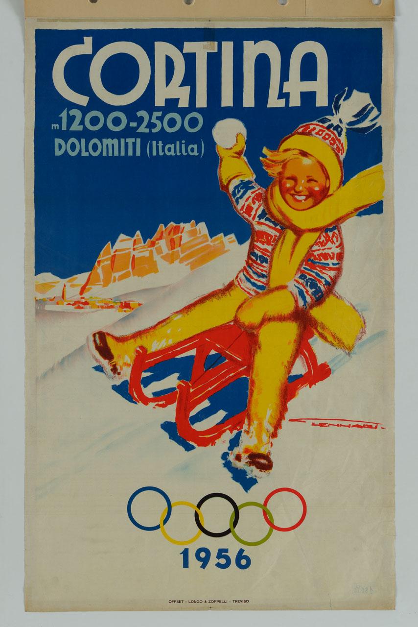 bambino su slittino lancia una palla di neve e cinque cerchi olimpici (manifesto) di Lenhart Franz (sec. XX)