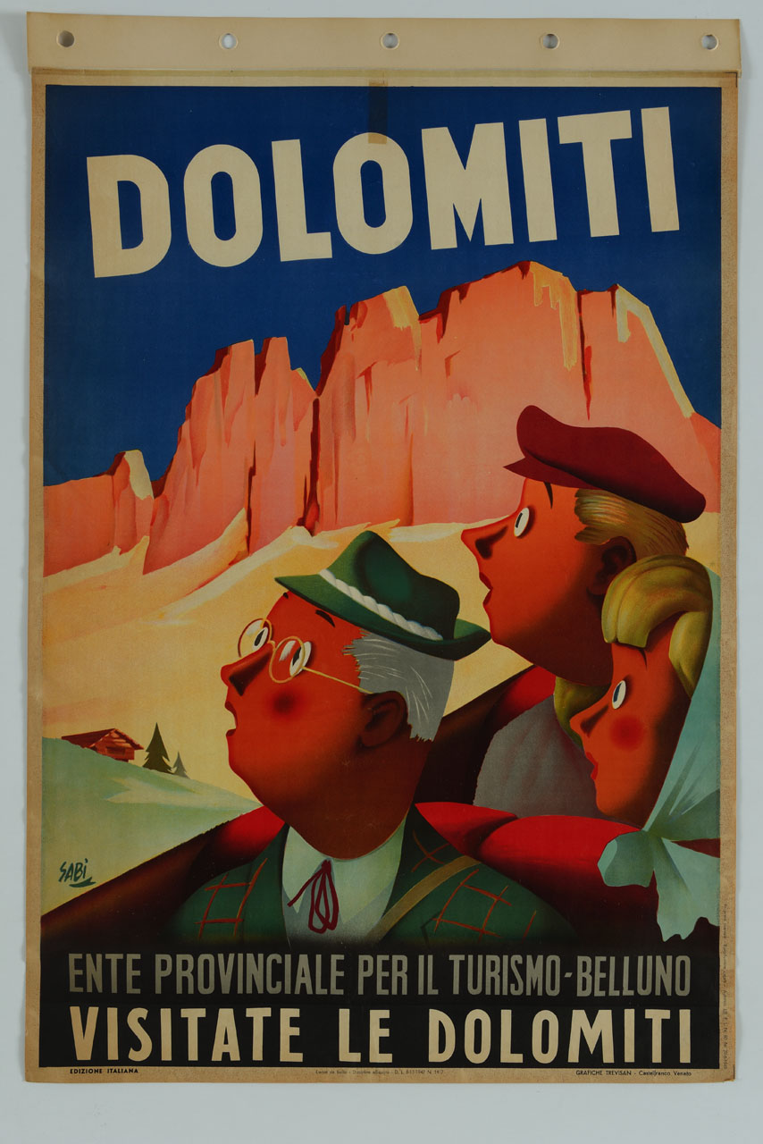 due uomini e una donna sullo sfondo delle Dolomiti si girano meravigliati alla loro destra (manifesto) di Bidasio Degli Imberti Sandro detto Sabi (sec. XX)