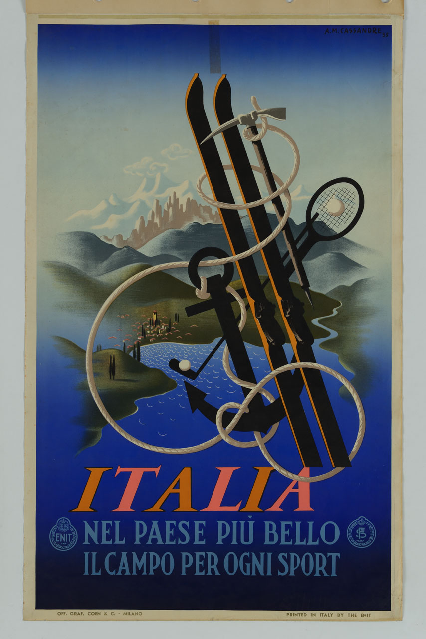 attrezzature sportive sullo sfondo di un paesaggio marino e montano (manifesto) di Mouron Adolphe detto Cassandre (sec. XX)