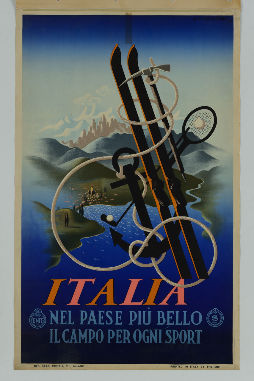 attrezzature sportive sullo sfondo di un paesaggio marino e montano (manifesto) di Mouron Adolphe detto Cassandre (sec. XX)