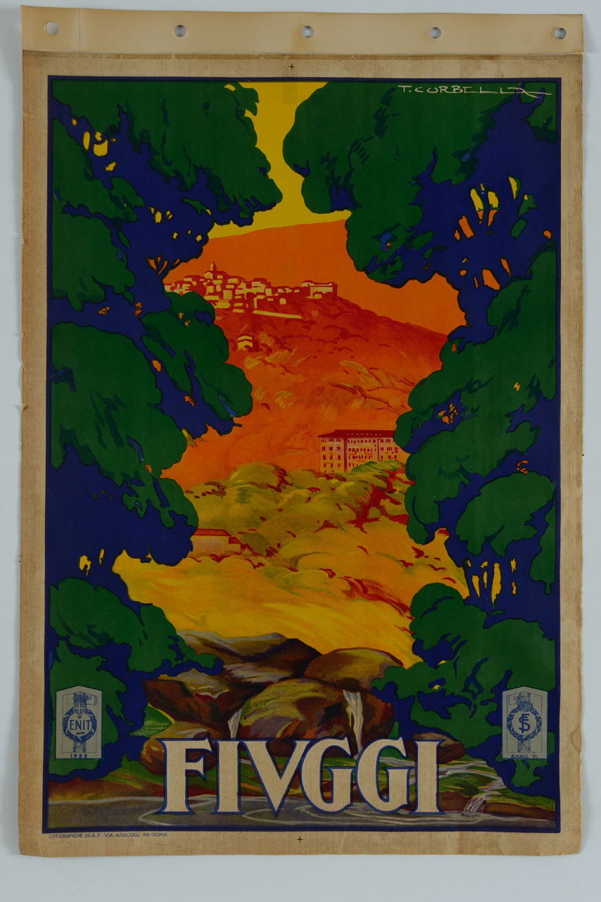 fonte sorgiva e veduta di Fiuggi (manifesto) di Corbella Tito (sec. XX)