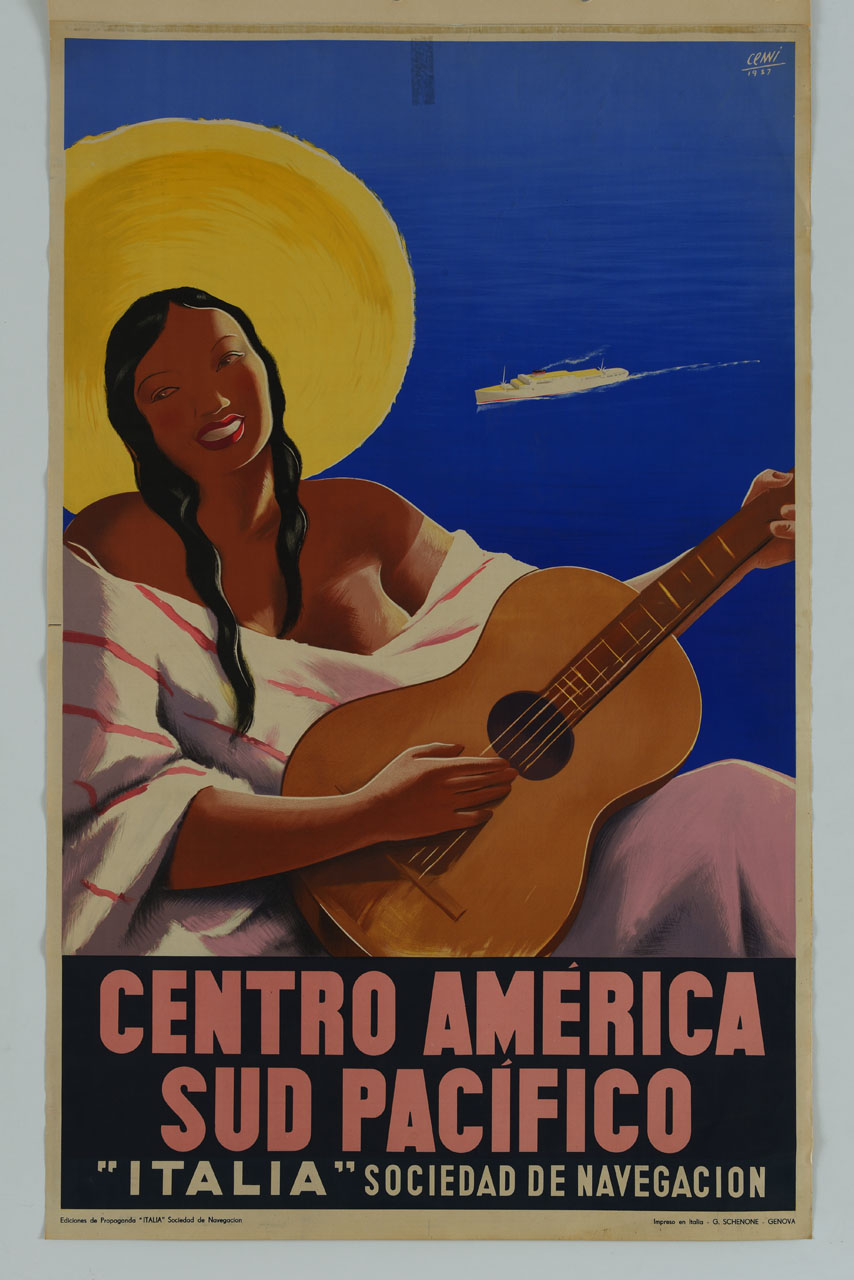 donna suona la chitarra sullo sfondo dell'oceano solcato da una nave (manifesto) di Cenni Italo (sec. XX)
