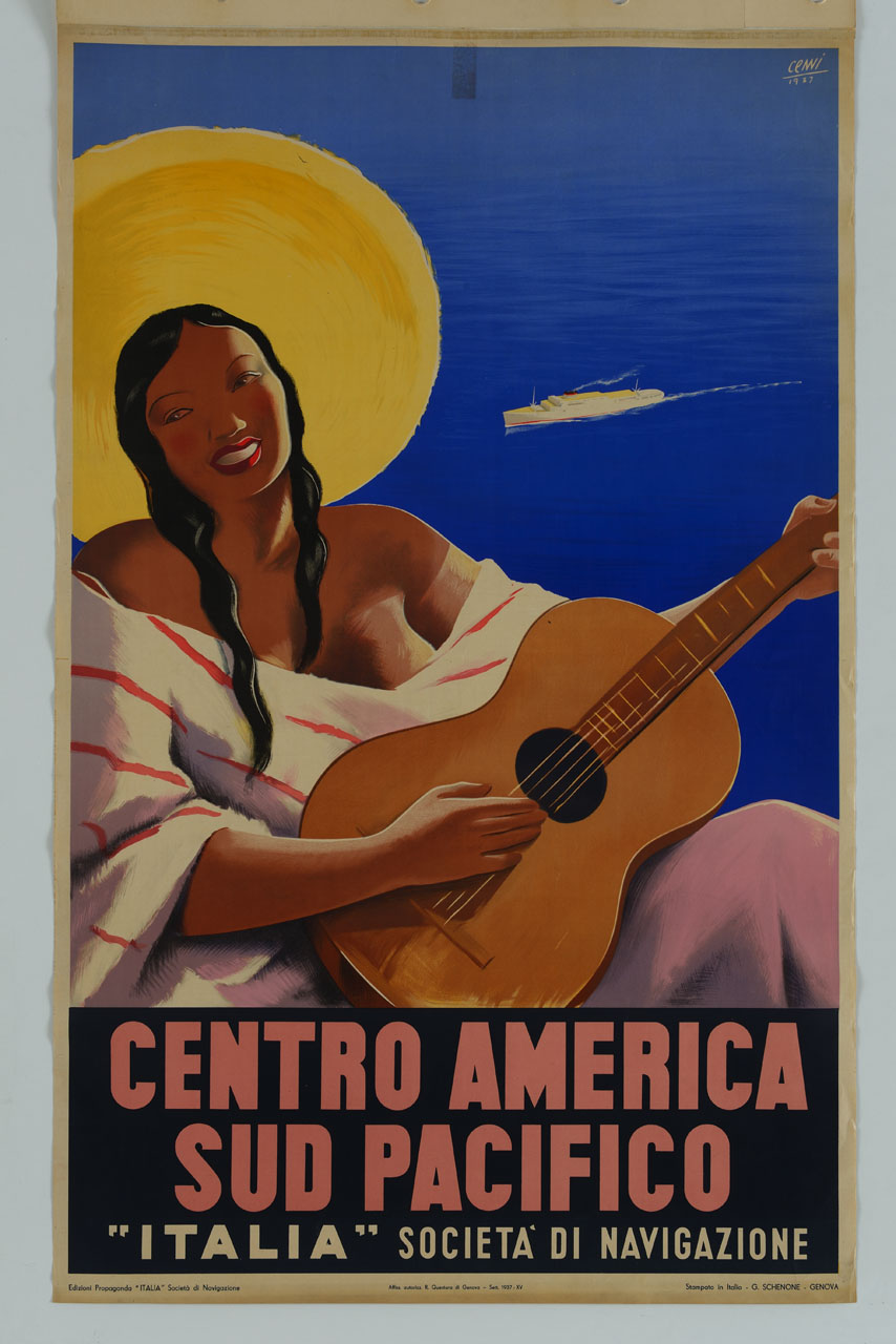 donna suona la chitarra sullo sfondo dell'oceano solcato da una nave (manifesto) di Cenni Italo (sec. XX)