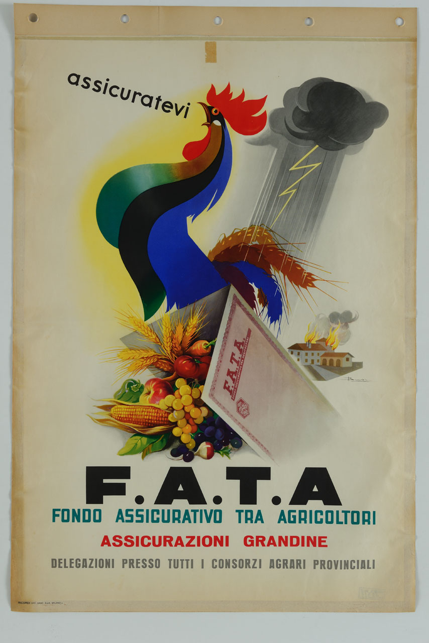 documento assicurativo, frutta verdura e cereali, gallo, nuvole con fulmine e fabbricati in fiamme (manifesto) di Busi Adolfo (sec. XX)