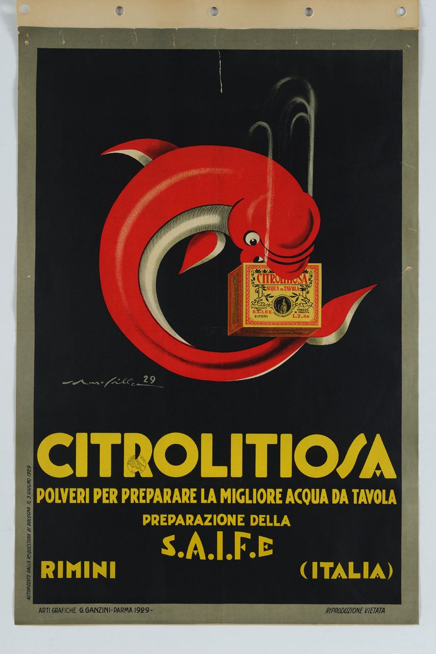 pesce rosso addenta una scatola di citrolitiosa (manifesto) di Martuffi Silla (sec. XX)