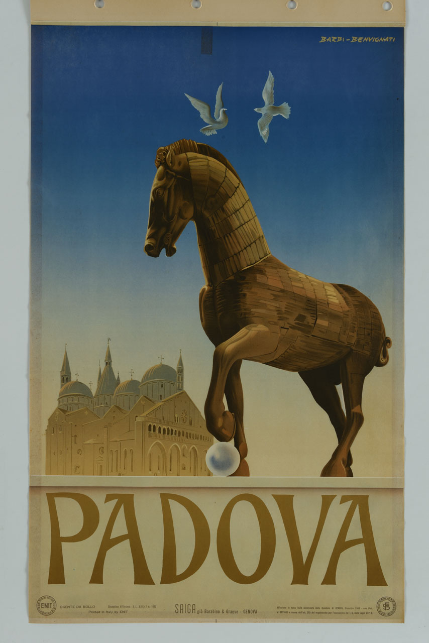 cavallo ligneo del Palazzo della Ragione sullo sfondo della Basilica di Sant'Antonio di Padova (manifesto) di Studio Barbi Benvignati (sec. XX)