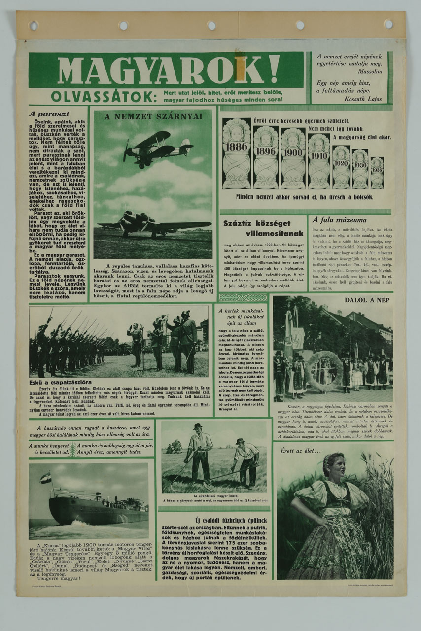 giornale murale con immagini di cerimonie militari e civili, mezzi aerei e navali e contadini (manifesto) - ambito ungherese (sec. XX)