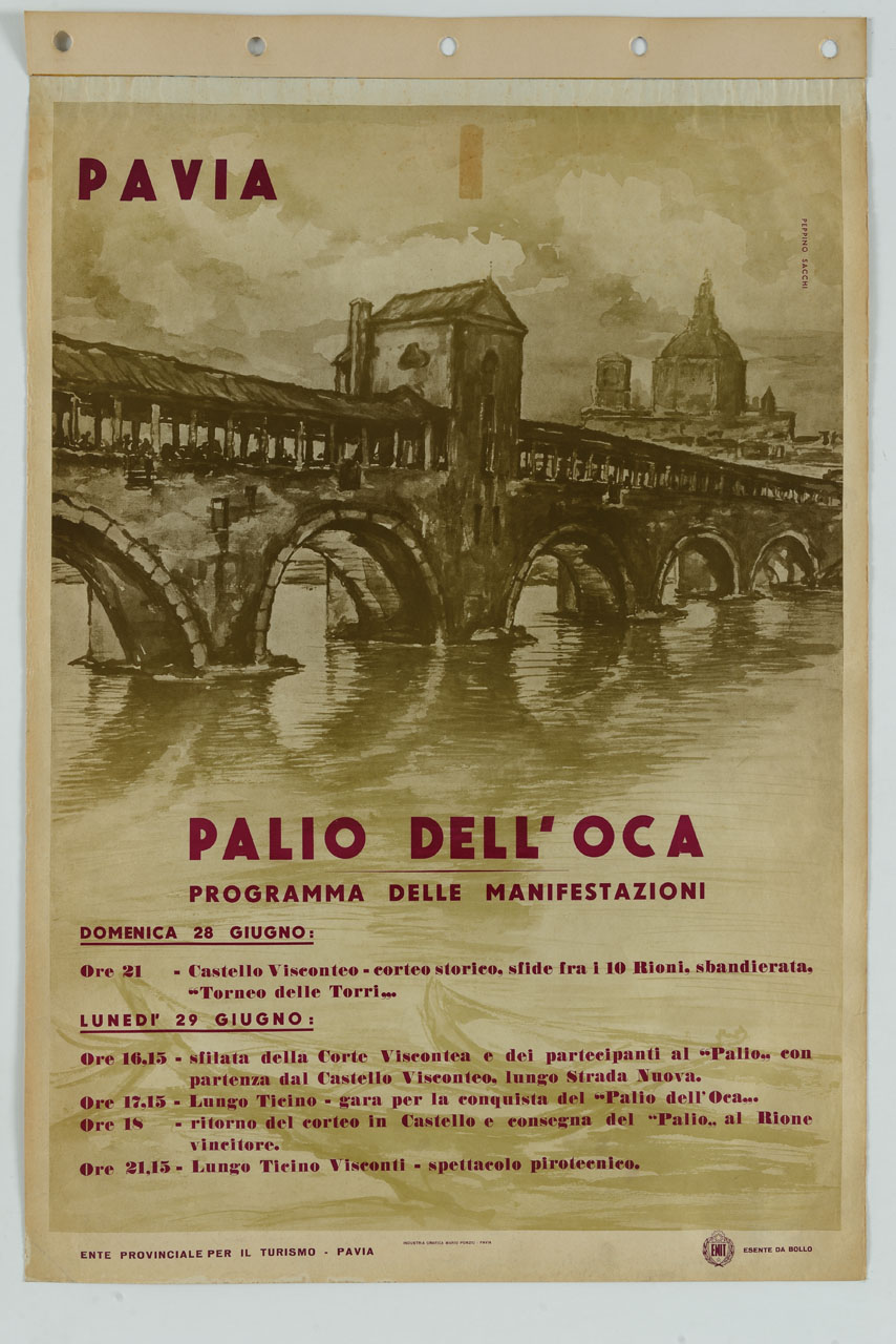 veduta del Ponte Coperto di Pavia (manifesto) di Sacchi Peppino (sec. XX)
