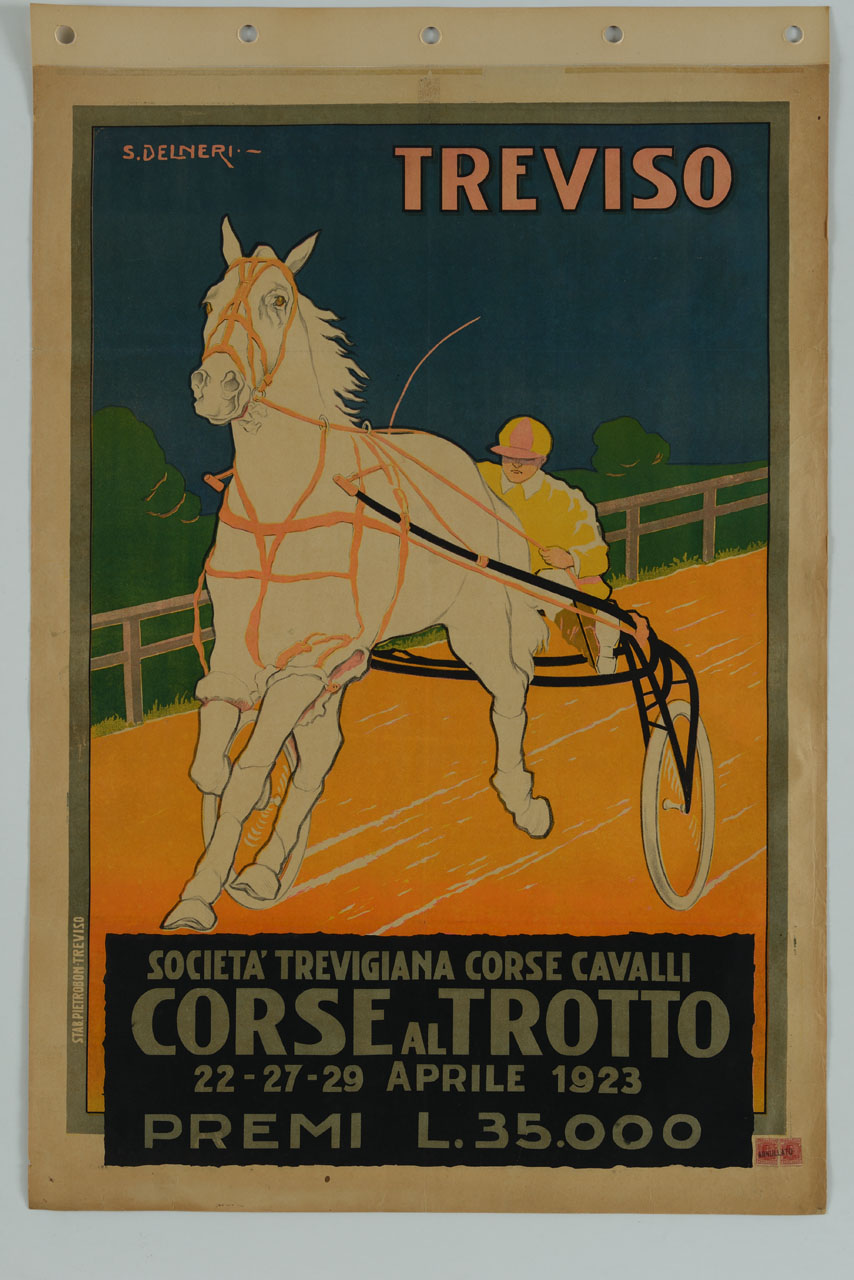 fantino su calesse trainato da cavallo al trotto (manifesto) di Delneri Silvio (sec. XX)