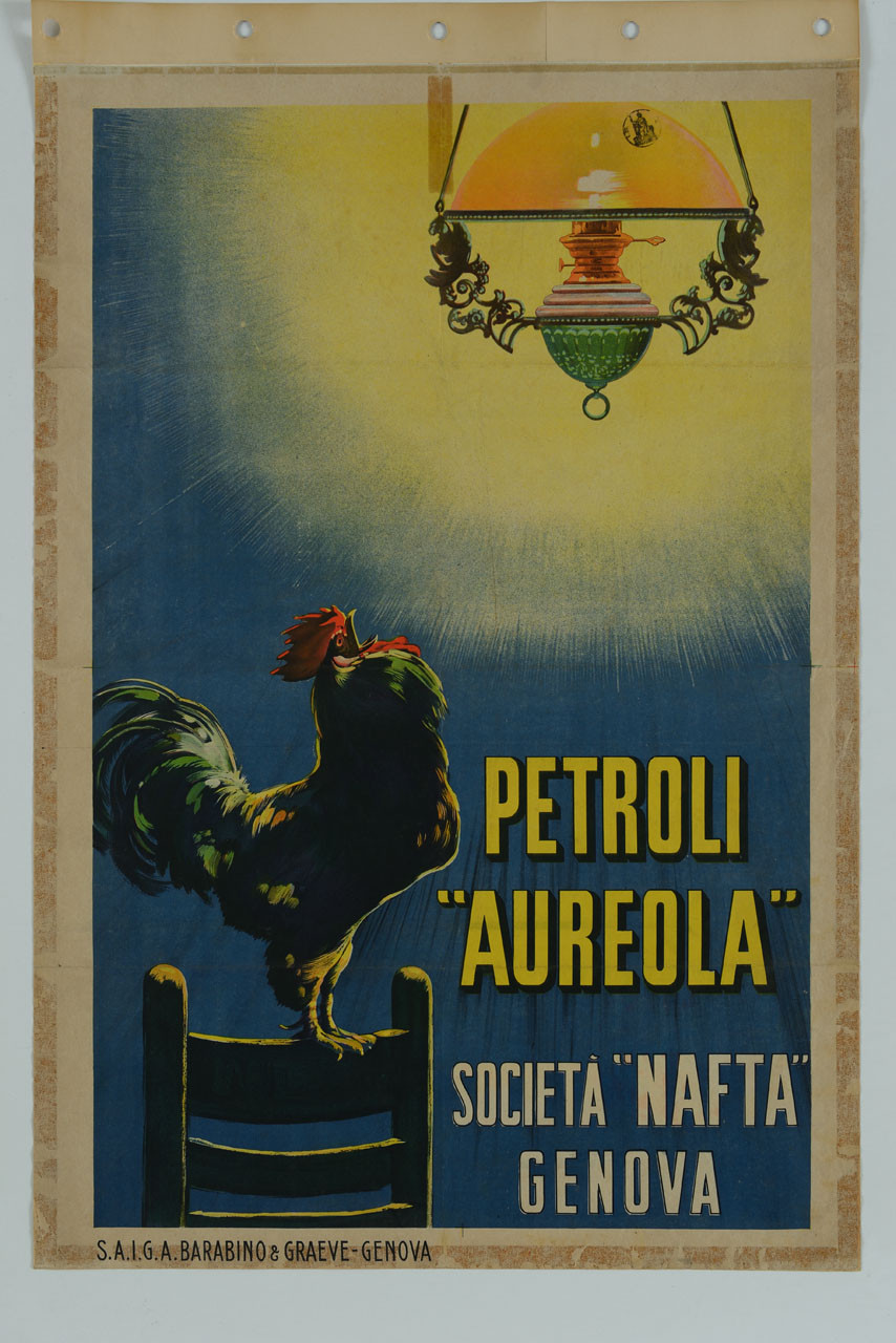 gallo sulla sedia canta alla luce di un lampadario (manifesto) di Craffonara Aurelio (sec. XX)