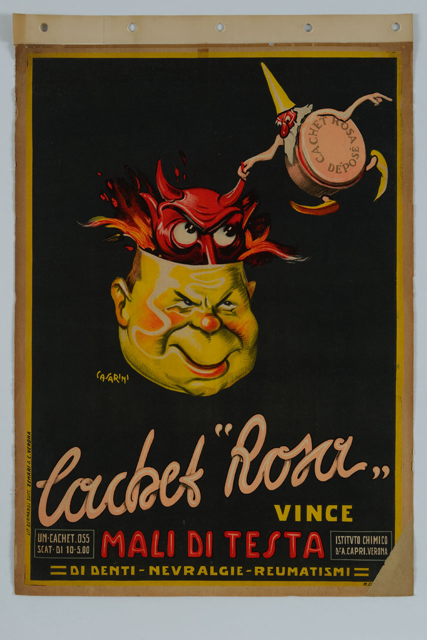 gnomo a forma di scatolina estrae un diavolo dalla testa in fiamme di un uomo (manifesto) di Casarini Pino - ambito italiano (sec. XX)