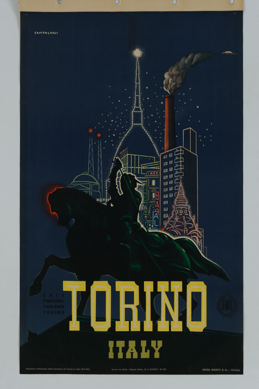 statua equestre di Carlo Alberto di Savoia sullo sfondo della veduta notturna di Torino (manifesto) di Campagnoli Adalberto (sec. XX)