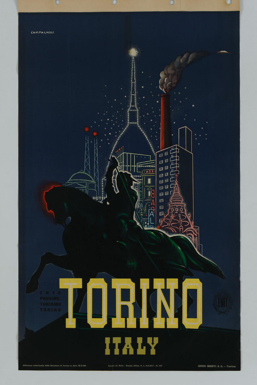 statua equestre di Carlo Alberto di Savoia sullo sfondo della veduta notturna di Torino (manifesto) di Campagnoli Adalberto (sec. XX)