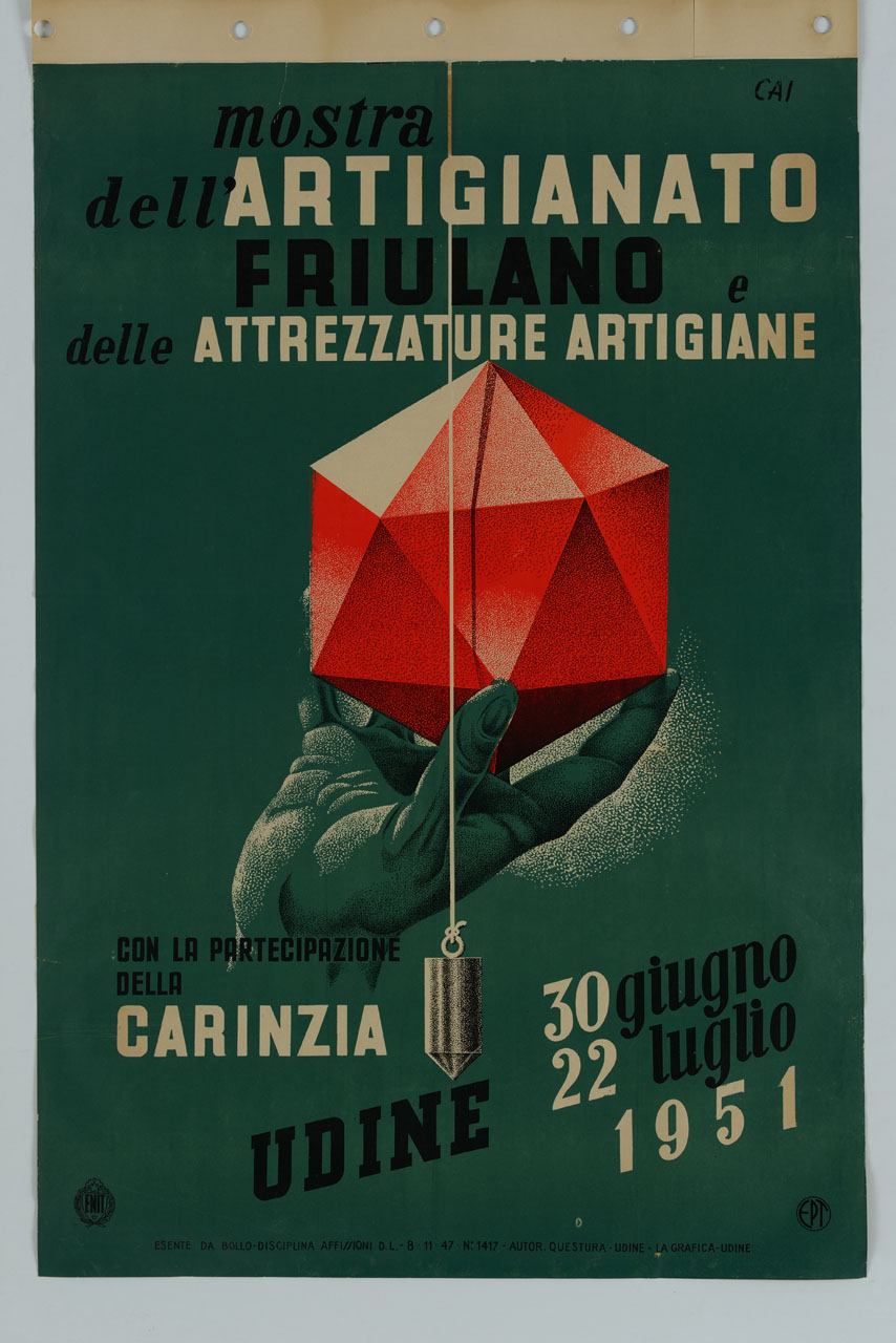 mano sorreggente un poliedro e filo a piombo (manifesto) di Cai (sec. XX)