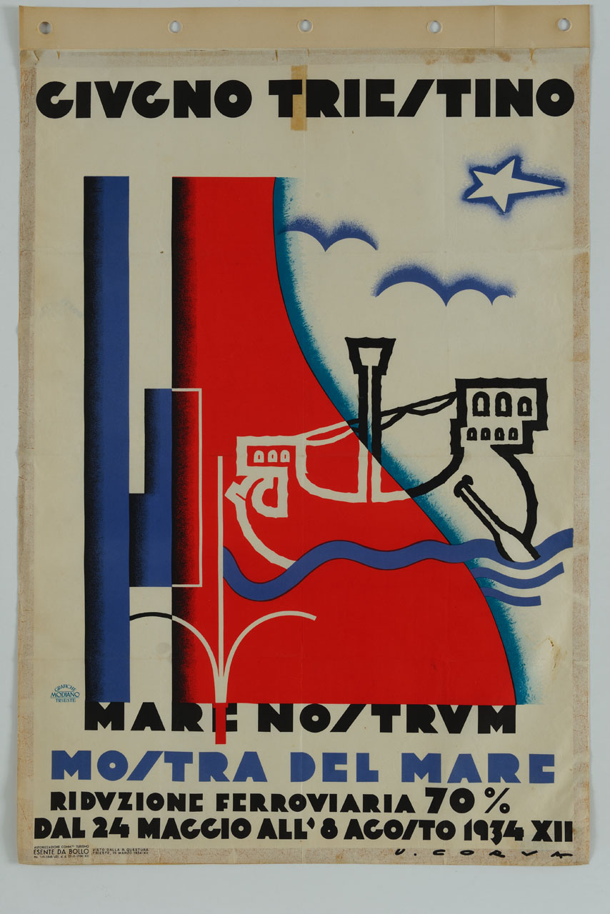 timone di imbarcazione sullo sfondo di un piccolo galeone (manifesto) di Corva Urbano (sec. XX)