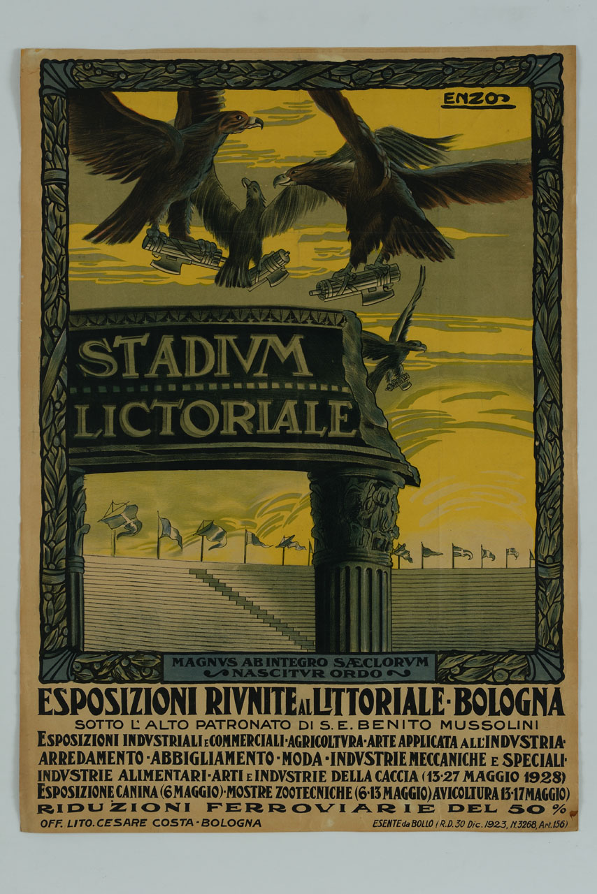 aquile in volo con fasci littori sullo sfondo dello stadio Littoriale di Bologna (manifesto) di Enzo (sec. XX)