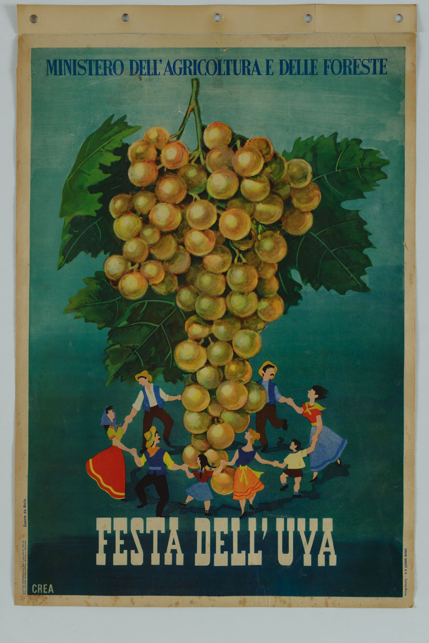 uomi donne e bambini danzano intorno ad un grande grappolo d'uva (manifesto) di Crea - Centro Grafico Pubblicitario (sec. XX)