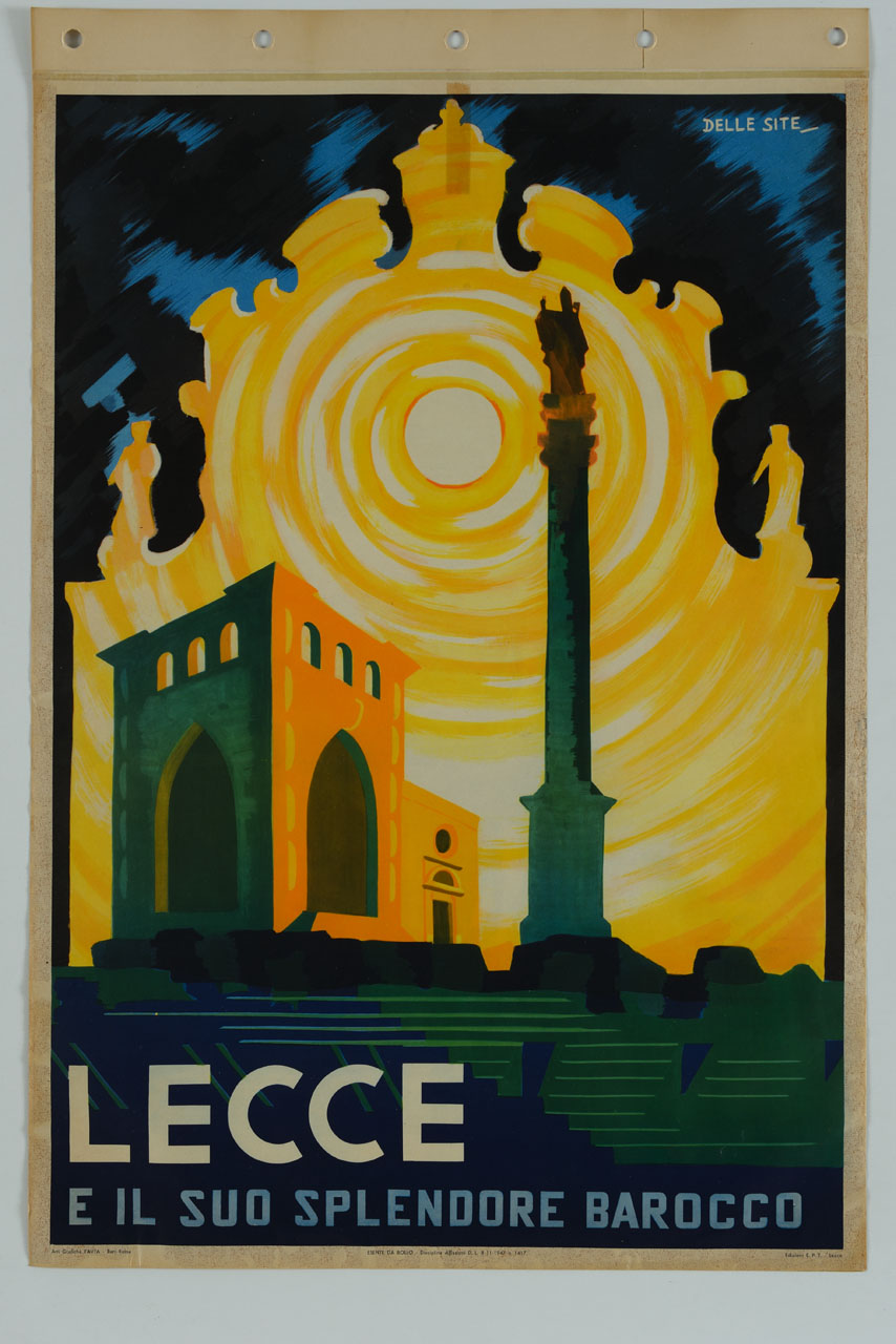 veduta di piazza Sant'Oronzo di Lecce sullo sfondo della sagoma della facciata della basilica di Santa Croce (manifesto) di Delle Site Mino (sec. XX)